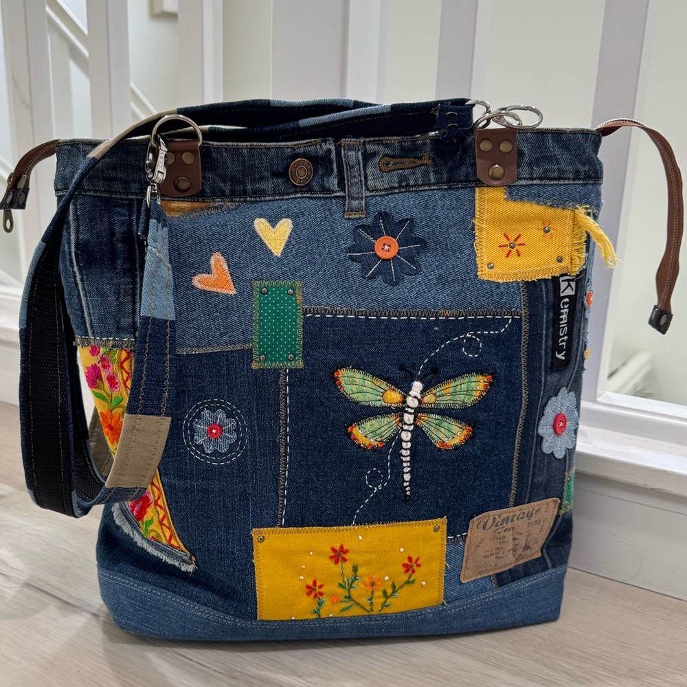 Handmade Upcycled Denim Tote Bag – Dragonfly & Patchwork Design - Picture 3 of 15